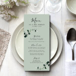 Eucalyptus Sage Romantic Calligraphy Wedding Menu<br><div class="desc">Emerald Hued Eucalyptus on Sage Romantic Calligraphy Wedding Menu... Emerald-hued watercolor eucalyptus leaves frame your menu items on our custom designed wedding reception menu template. On a light sage background, the vertical card displays the names of the bride and groom and the wedding date in elegant serif typography just below...</div>