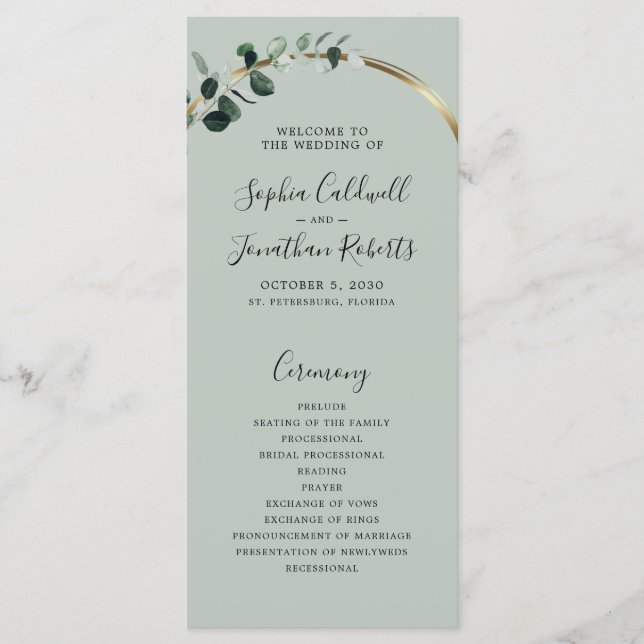 Eucalyptus Sage Romantic Calligraphy Wedding Programme (Front)