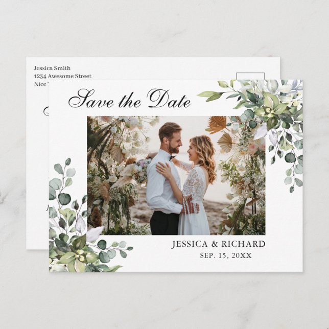 Eucalyptus Save the Date PHOTO Invitation Postcard (Front/Back)