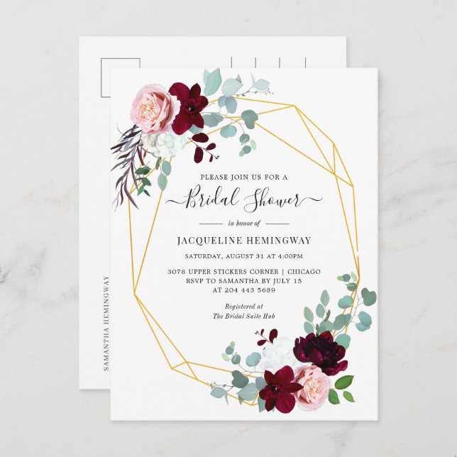 Eucalyptus Script Burgundy Floral Bridal Shower Invitation Postcard (Front/Back)