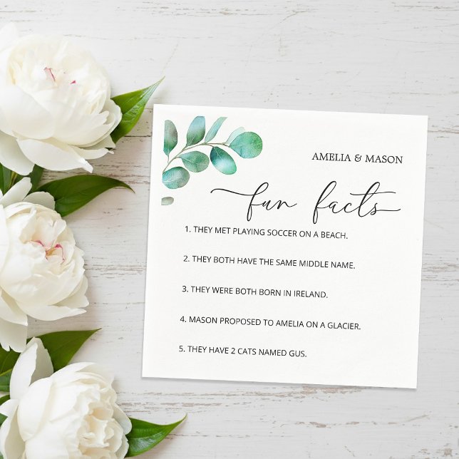 Eucalyptus Script Calligraphy Fun Facts Wedding Napkin (Eucalyptus Script Calligraphy Fun Facts Wedding Napkins)