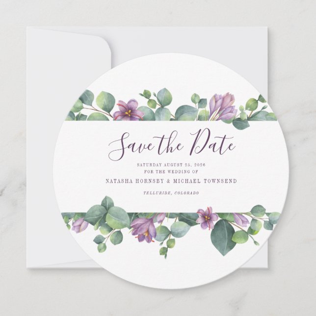 Eucalyptus Script Floral Watercolor Save the Date (Front)