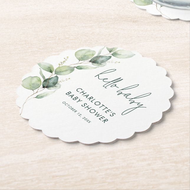 Eucalyptus Script Minimalist Baby Shower Paper Coaster (Angled)