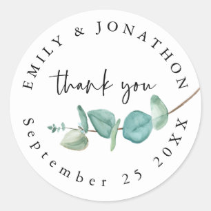 Eucalyptus Script Thank You Names Date Wedding Classic Round Sticker