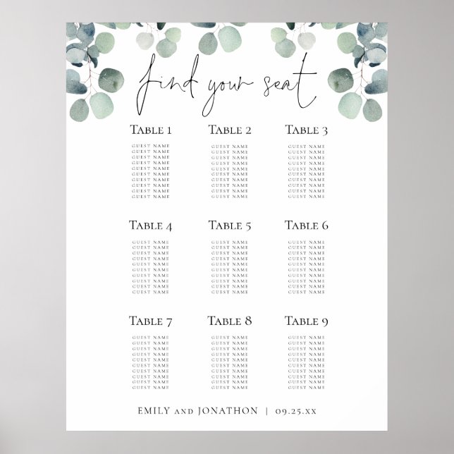 Eucalyptus Seating Plan Find Your Seat Wedding Poster (Front)