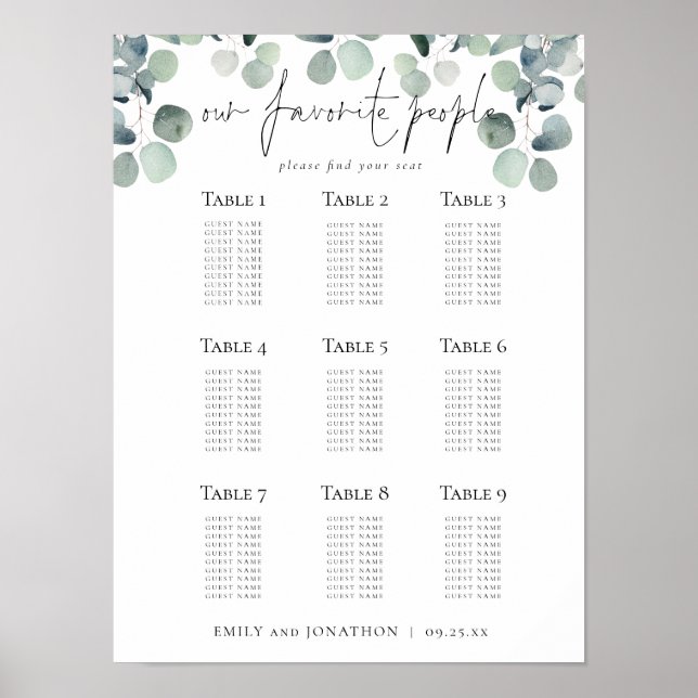 Eucalyptus Seating Plan Wedding Favourite People Poster (Front)
