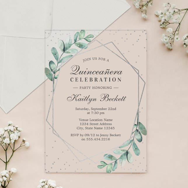 Eucalyptus Silver Geometric Quinceañera Birthday Acrylic Invitations (Creator Uploaded)