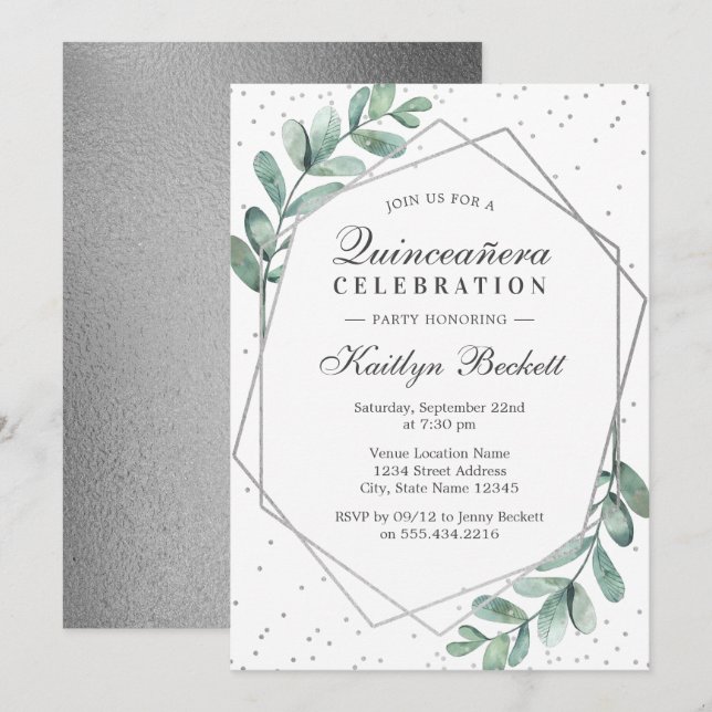 Eucalyptus Silver Geometric Quinceañera Birthday Invitation (Front/Back)