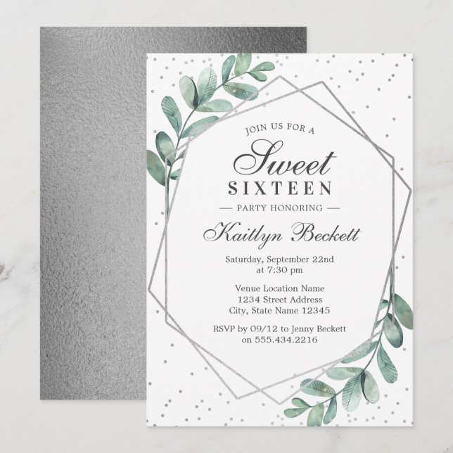 Eucalyptus Silver Geometric Sweet Sixteen Invitation (Front/Back)