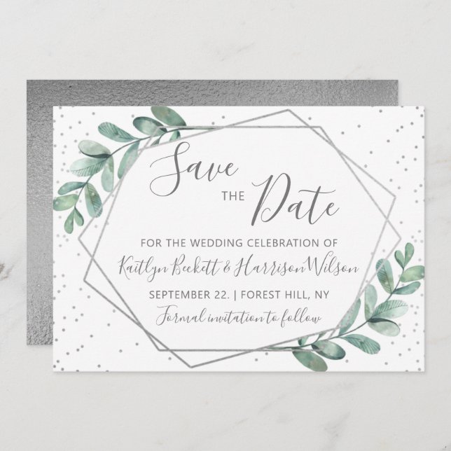Eucalyptus Silver Geometric Wedding Save The Date (Front/Back)