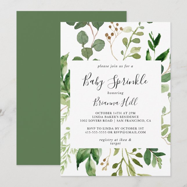 Eucalyptus Simple Brown Floral Baby Sprinkle Invitation (Front/Back)