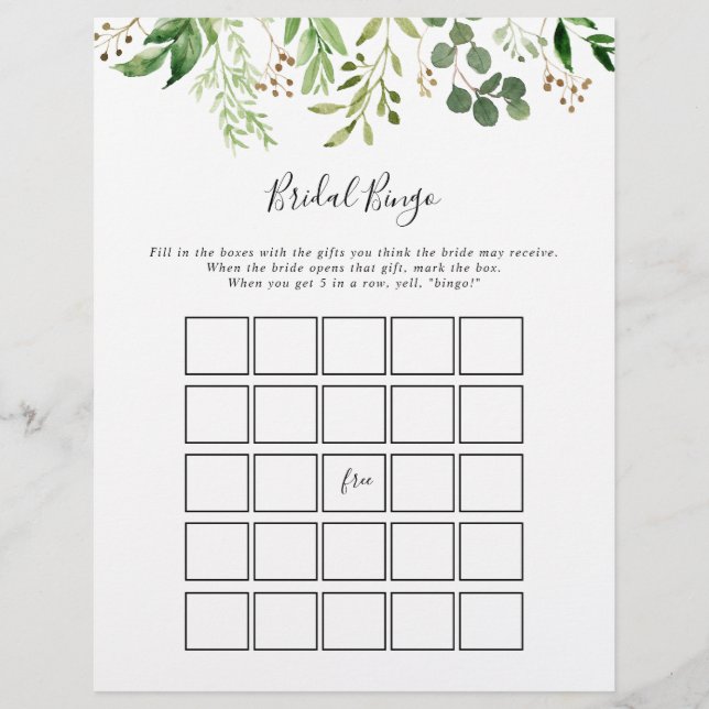 Eucalyptus Simple Brown Floral Bridal Bingo Game (Front)