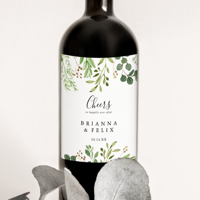 Eucalyptus Simple Brown Floral Cheers Wedding Wine Label (Creator Uploaded)