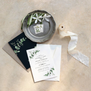 Eucalyptus simple elegant black white modern invitation