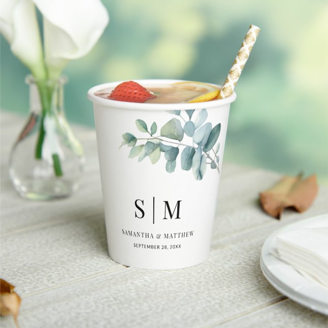 Eucalyptus Simple Elegant Couple Monogram Wedding Paper Cups (Insitu)