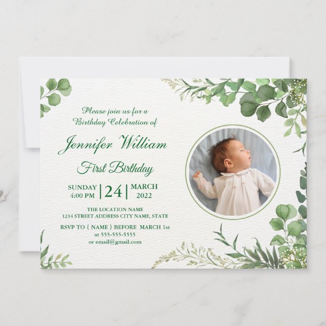 Eucalyptus Simple Elegant Cute Baby First Birthday Invitation (Front)