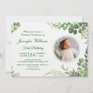 Eucalyptus Simple Elegant Cute Baby First Birthday Invitation