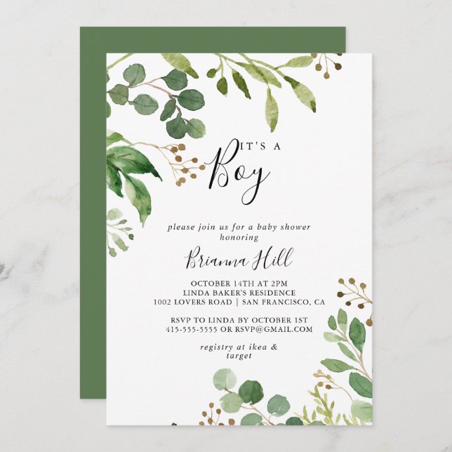 Eucalyptus Simple Floral It's A Boy Baby Shower Invitation (Front/Back)