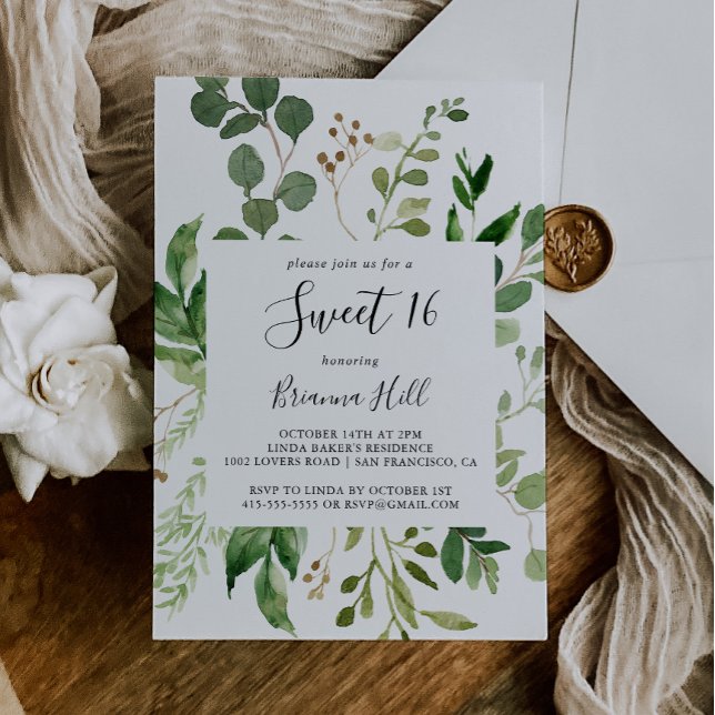 Eucalyptus Simple Floral Sweet 16 Birthday Party Invitation (Creator Uploaded)