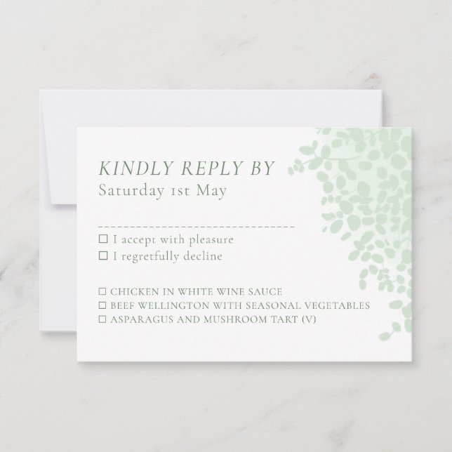 Eucalyptus simple wedding menu choices rsvp card (Front)