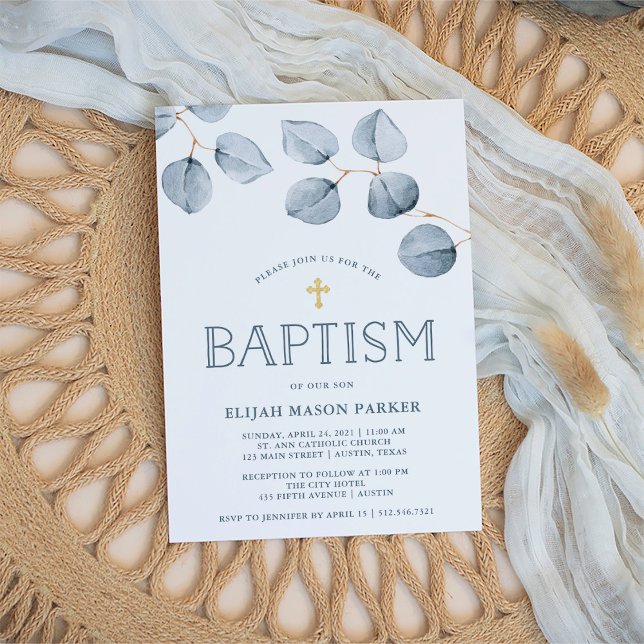 Eucalyptus Simplicity | Baptism with Cross Invitation (Creator Uploaded)