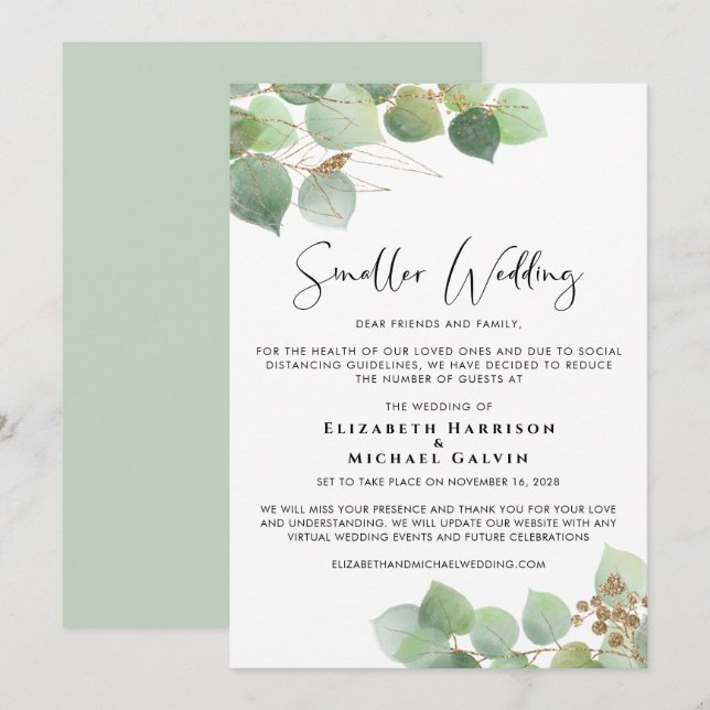 Eucalyptus Smaller Downsized Wedding Announcement (Front/Back)