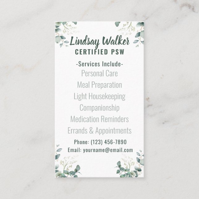 Eucalyptus Soft Green Personal Support Worker Business Card (Front)