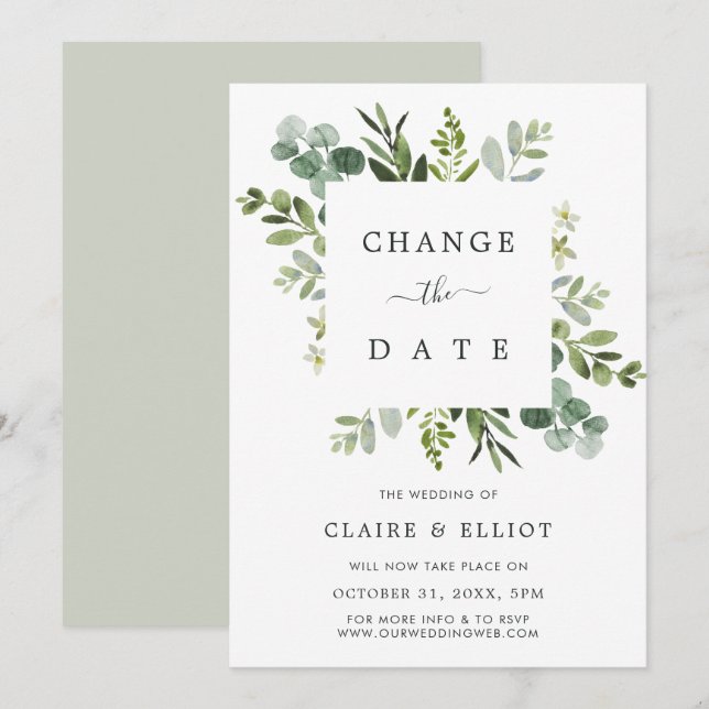 Eucalyptus Square Wreath Change the Date Wedding Invitation (Front/Back)