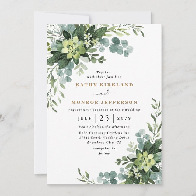 Eucalyptus Succulent Elegant Boho Greenery Wedding Invitation (Front)