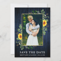 Eucalyptus Sunflower Blue Wood Save The Date Card