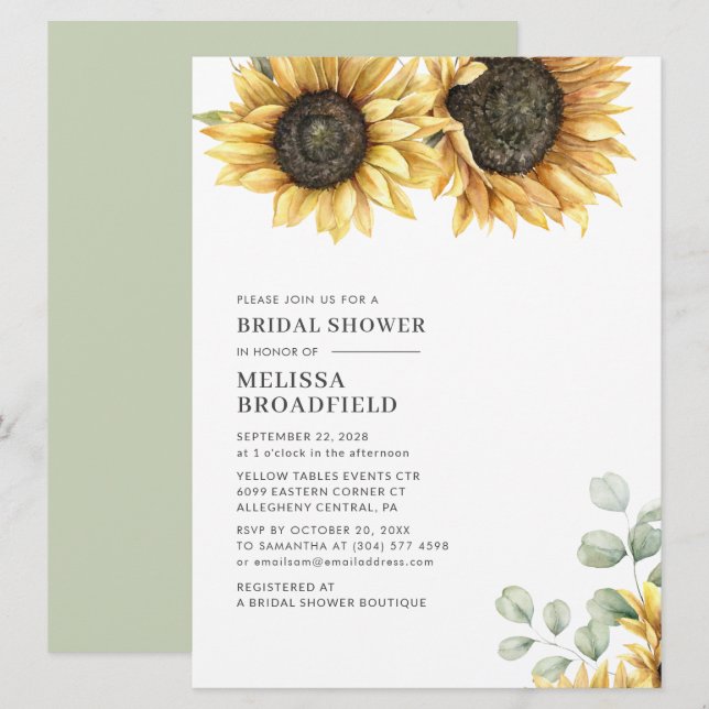 Eucalyptus Sunflower Botanical Bridal Shower Invitation (Front/Back)
