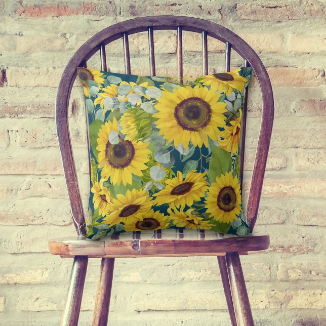 Eucalyptus Sunflower Collage on Blue Throw Pillow (Creator Uploaded)
