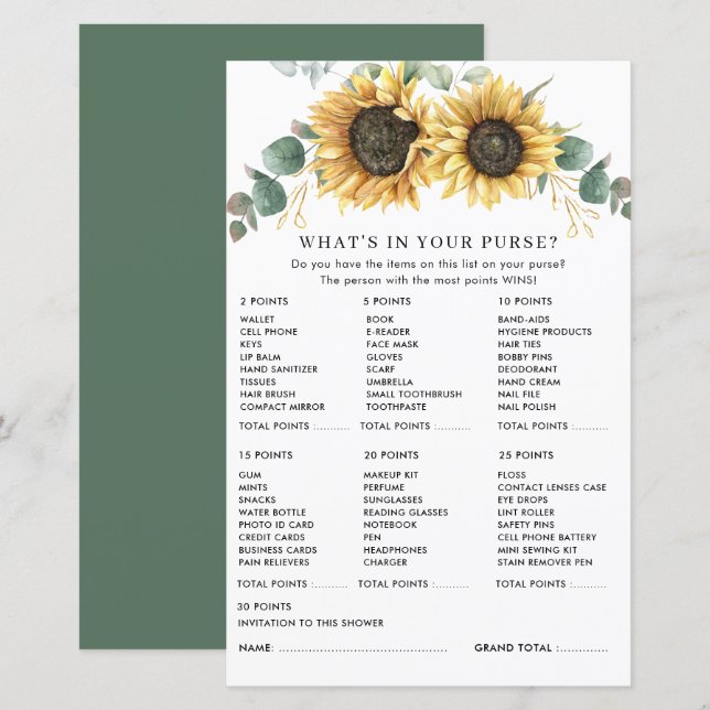 Eucalyptus Sunflower Floral Bridal Shower Game (Front/Back)
