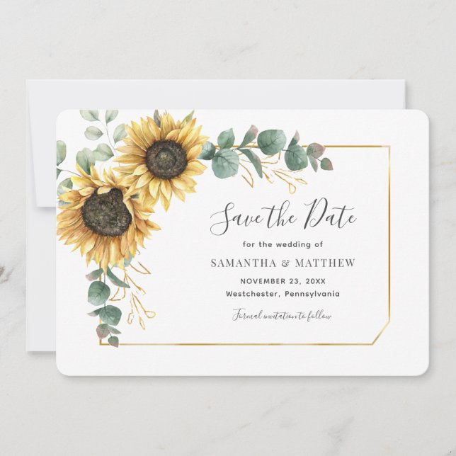 Eucalyptus Sunflower Floral Geometric Save The Date (Front)