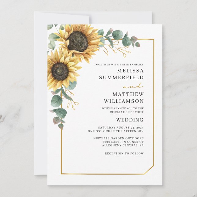 Eucalyptus Sunflower Floral Geometric Wedding Invitation (Front)