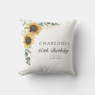 Eucalyptus Sunflower Floral Script 60th Birthday Cushion