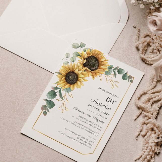 Eucalyptus Sunflower Floral Script 60th Birthday Invitation (Creator Uploaded)