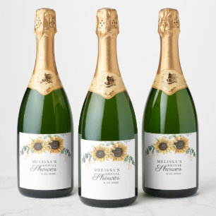 Eucalyptus Sunflower Floral Script Bridal Shower Sparkling Wine Label