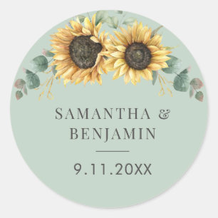 Eucalyptus Sunflower Floral Watercolor Wedding Classic Round Sticker