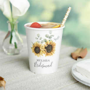 Eucalyptus Sunflower Floral Wedding Bridesmaid Paper Cups