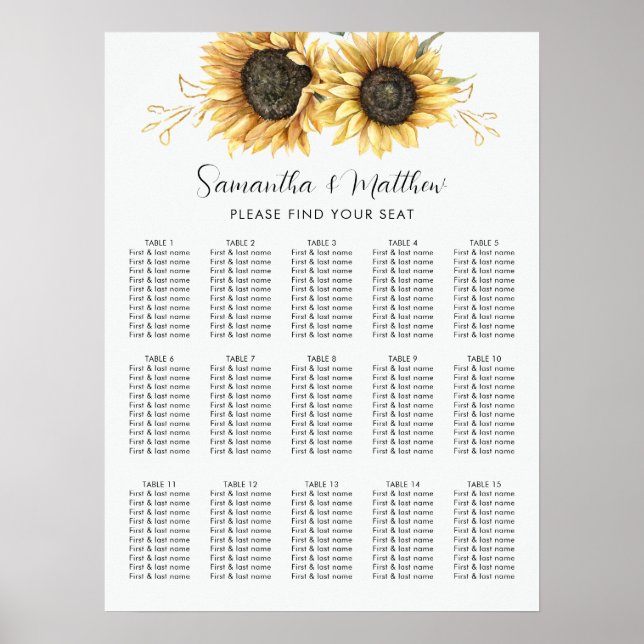 Eucalyptus Sunflower Floral Wedding Seating Chart (Front)