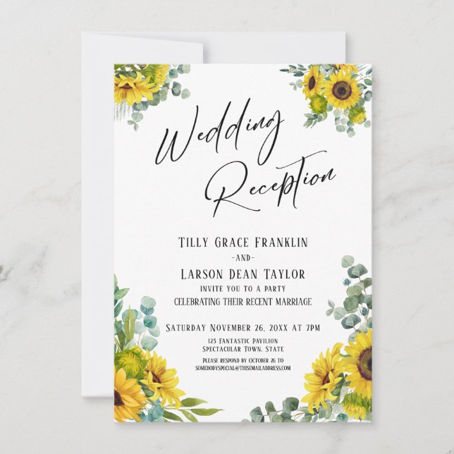 Eucalyptus Sunflower Handwriting Wedding Reception Invitation (Front)