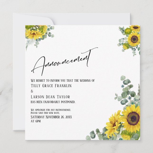 Eucalyptus Sunflower Postponed Date Announcement (Front)