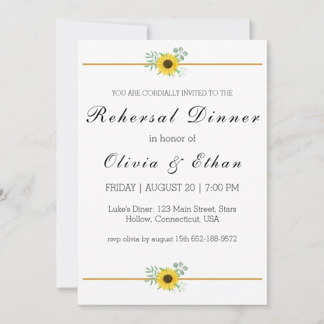 Eucalyptus sunflower rehearsal dinner invitations (Front)