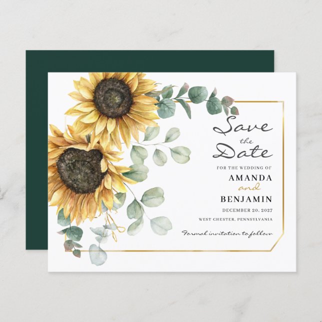 Eucalyptus Sunflower Save The Date Announcement (Front/Back)