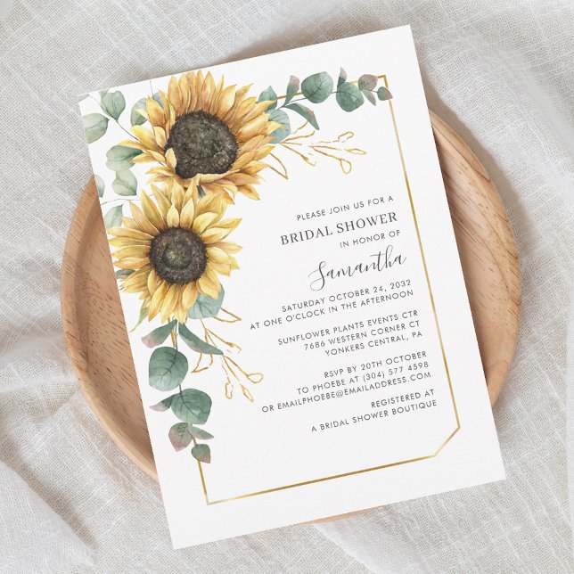 Eucalyptus Sunflower Script Bridal Shower Invitation (Sunflower Floral Eucalyptus Greenery Bridal Shower Invitation)