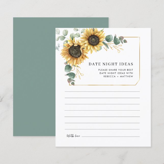 Eucalyptus Sunflower Wedding Date Night Ideas Card (Front/Back)