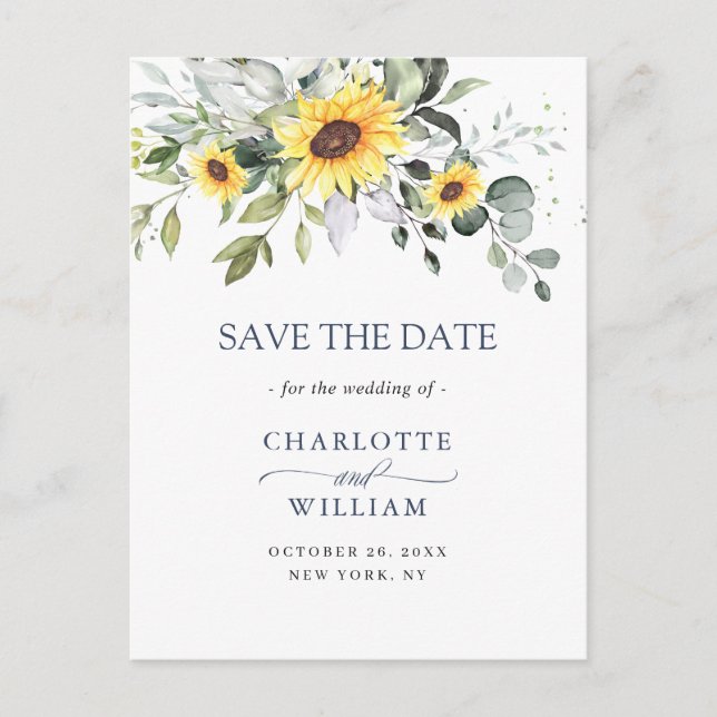 Eucalyptus Sunflower Wedding Save the Date Postcard (Front)