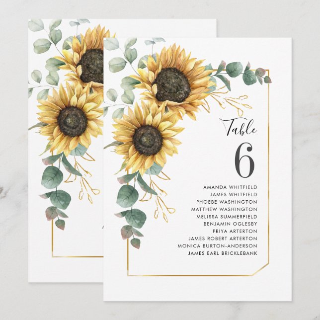 Eucalyptus Sunflower Wedding Seating Table Number (Front/Back)
