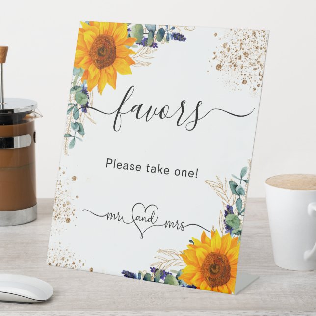 Eucalyptus sunflowers wedding favours guests pedestal sign (In SItu)